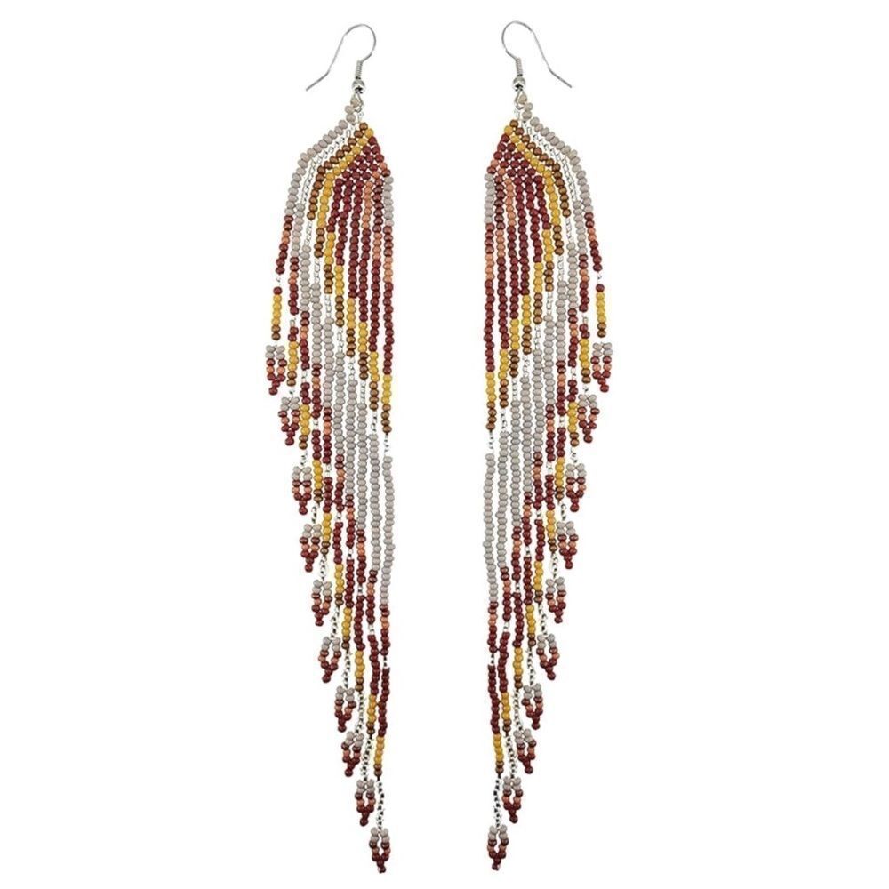 Southwestern Boho Seed Bead Tassel Dangling Statement French Wire Hook Earrings